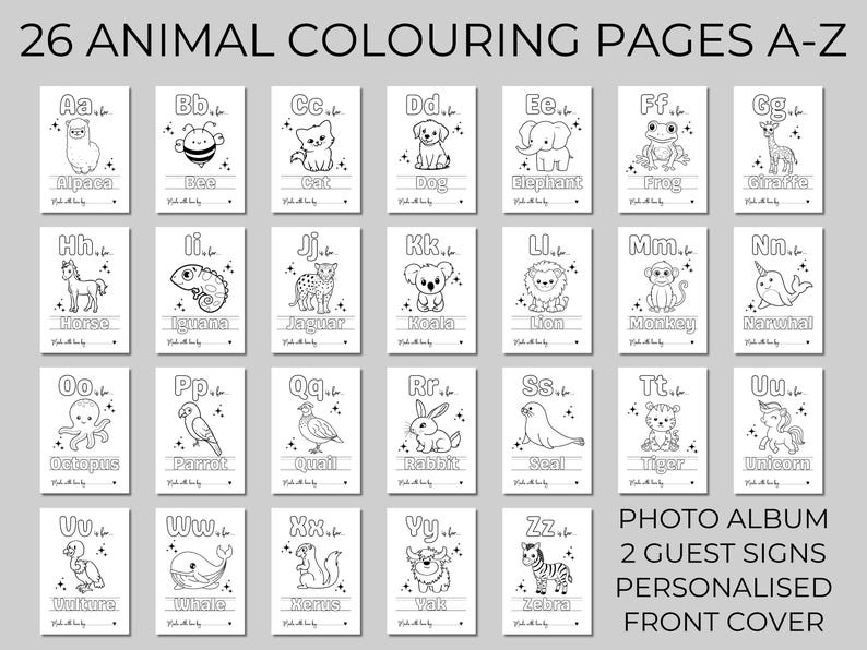 Puede incluir: Un conjunto de 26 p&aacute;ginas para colorear animales, cada una con una letra del alfabeto y una ilustraci&oacute;n de animal. Incluye un &aacute;lbum de fotos, letreros para invitados y una portada personalizada.