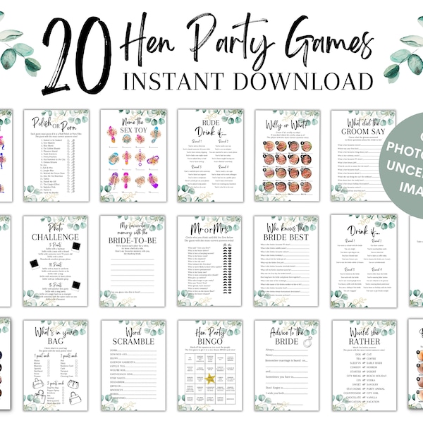 20 Hen Party Games, Bridal Shower Games Bundle, Bachelorette Bride to be Hen Night Keepsake Cards Accessories, Dirty Rude Hen Games, EHP1