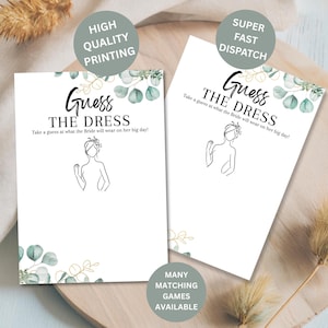 Guess the Dress Hen Party Game | A5 Printed Cards | Fun Bridal Shower Activity | Eucalyptus Design | Wedding Dress Drawing Game