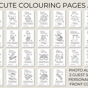 May include: A set of 26 coloring pages, each featuring a letter of the alphabet with a corresponding image, such as an apple for 'A' and a bow for 'B'. The pages are part of a photo album with guest signs and a personalized front cover.