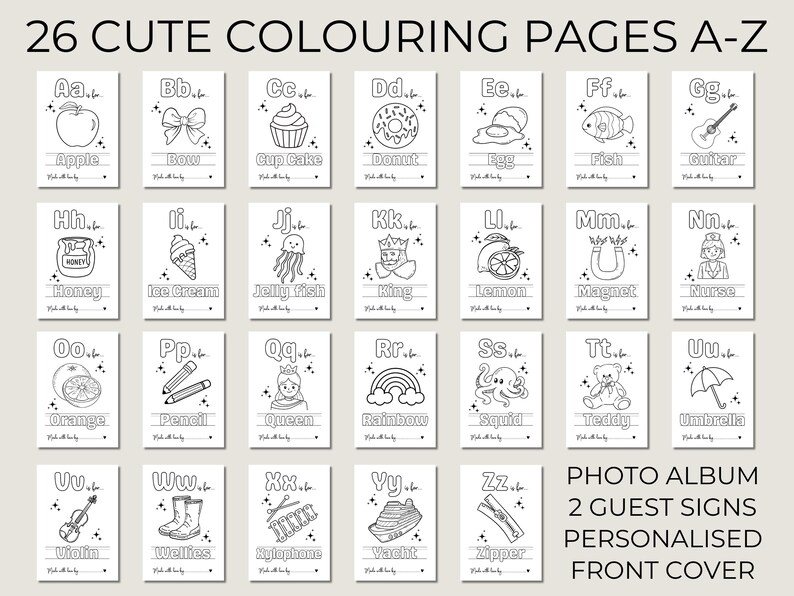 May include: A set of 26 coloring pages, each featuring a letter of the alphabet with a corresponding image, such as an apple for 'A' and a bow for 'B'. The pages are part of a photo album with guest signs and a personalized front cover.