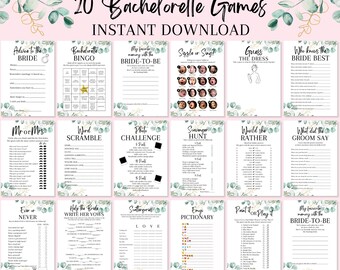 May include: A collection of 20 printable bachelorette party games. The games include Bingo, Photo Challenge, Scavenger Hunt, and more. The title "20 Bachelorette Games" is displayed in a decorative font, with the words "Instant Download" below.