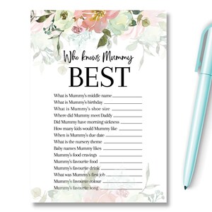 Jeu de douche de bébé floral qui connaît le mieux maman, nouvelle maman à révéler le genre, idées de fêtes, conseils de prédiction, douche de bébé neutre unisexe, RBS1