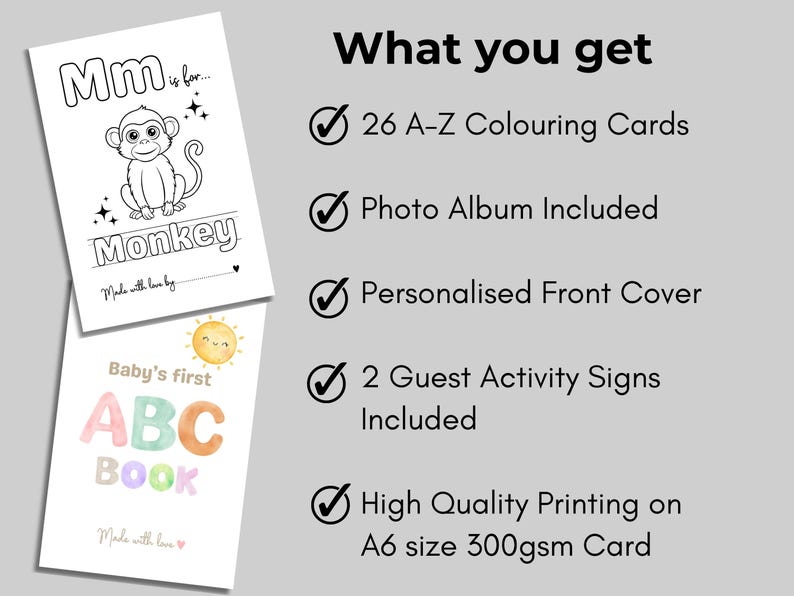 Puede incluir: Dos tarjetas blancas con ilustraciones y texto. Una tarjeta tiene una ilustraci&oacute;n de un mono y la palabra "Monkey". La otra tarjeta dice "Baby's first ABC BOOK". La imagen tambi&eacute;n incluye una lista de caracter&iacute;sticas, incluyendo 26 tarjetas para colorear A-Z y un &aacute;lbum de fotos.