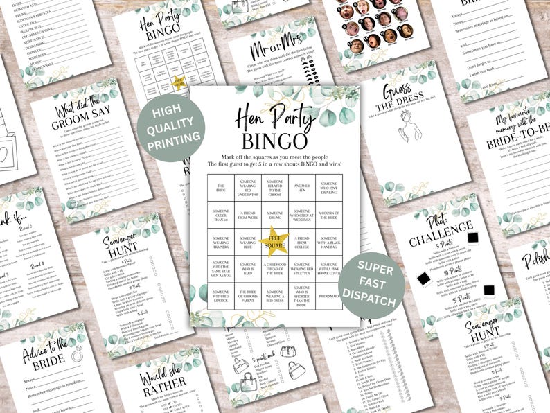 Hen Party Games A5, Bridal Shower Activity Games, Eucalyptus Theme, Printed in UK, Bride to Be Games, Bachelorette Hen Do Games, Hens Night