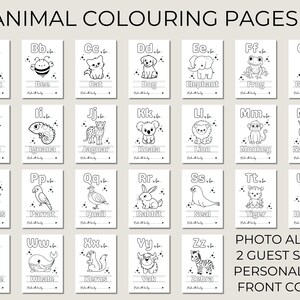 May include: A set of 26 animal coloring pages, each featuring a different animal from A to Z. Each page has a corresponding animal illustration and a space to write a name. Includes a photo album, guest signs, and a personalized front cover.