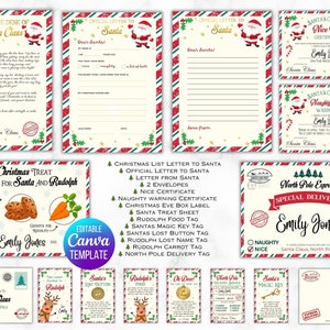 Paquete Carta de Santa, Carta Oficial de Navidad, Caja de Nochebuena, Certificado Bonito, Etiquetas de Navidad, Plantilla Editable de Descarga Instantánea
