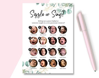 Sizzle or Sing Game |  Hen Party Game | Guess the Expression | Bridal Shower Icebreaker | Eucalyptus Theme | Funny A5 Bridal Shower Game UK