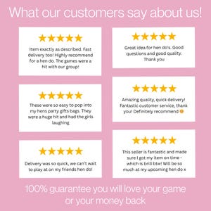 May include: A pink graphic with customer testimonials and gold star ratings. Text includes phrases like "Item exactly as described," "Amazing quality," and "100% guarantee." The theme is positive customer feedback.