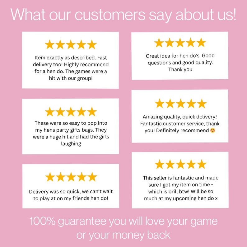 May include: A pink graphic with customer testimonials and gold star ratings. Text includes phrases like "Item exactly as described," "Amazing quality," and "100% guarantee." The theme is positive customer feedback.