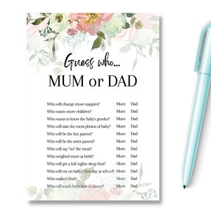 Gioco floreale per baby shower Indovina chi mamma o papà, Rivelazione del genere della futura mamma, Idea per bomboniere, Consigli di previsione, Doccia neutra unisex, RBS1
