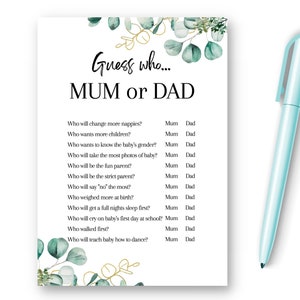 Baby shower spel Raad eens wie mama of papa, nieuwe moeder om geslacht te onthullen, partij gunstideeën, voorspellingsadvies, unisex neutrale babyshower, EBS1