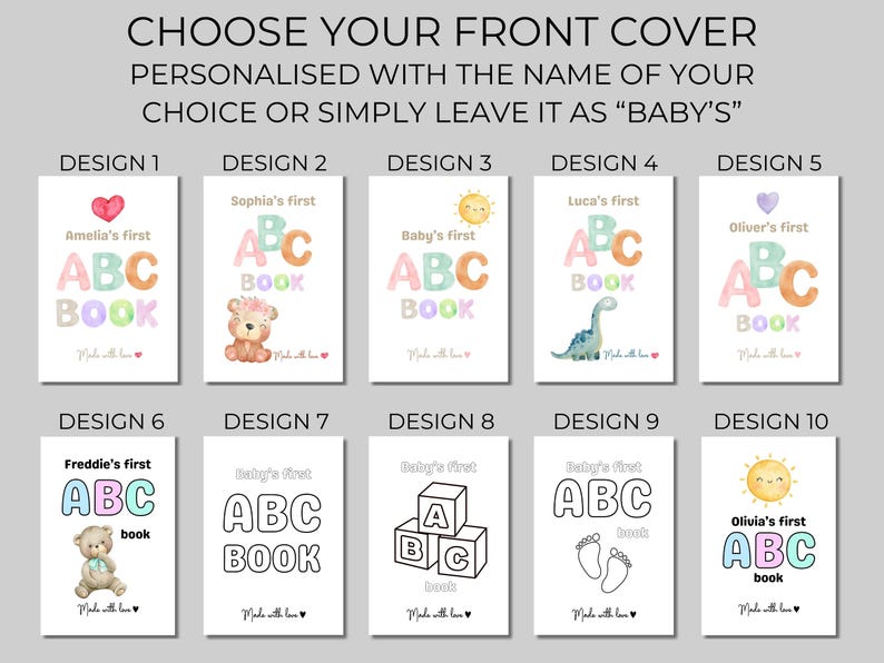 Puede incluir: Una selecci&oacute;n de libros ABC personalizados con varios dise&ntilde;os. Cada portada presenta el nombre de un ni&ntilde;o, como Amelia, Sof&iacute;a o Freddie, junto con ilustraciones coloridas como corazones, osos, dinosaurios y soles. El texto "ABC BOOK" se muestra de forma destacada.