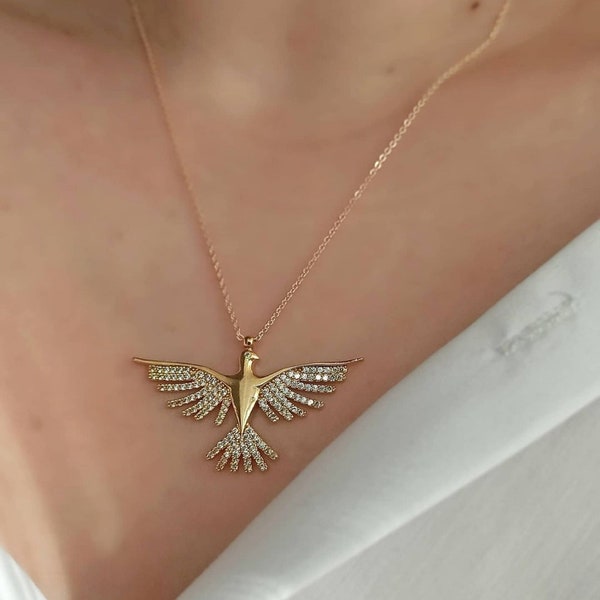 Phoenix Bird Pendant • Phoenix Necklace • Simurgh Necklace • Phoenix Pendant Necklace • Diamond Women Necklace •  Bird Necklace for Mothers