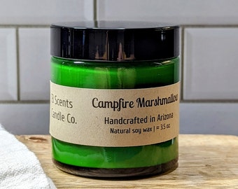 Campfire Marshmallow candle | green glass jar | candle in jar | clean oils | natural wax candle | container candle | fall scent | gift