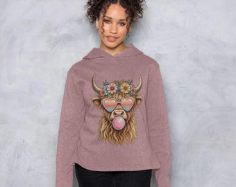 Women's Retro Highland Cow Bubblegum Hoodie!