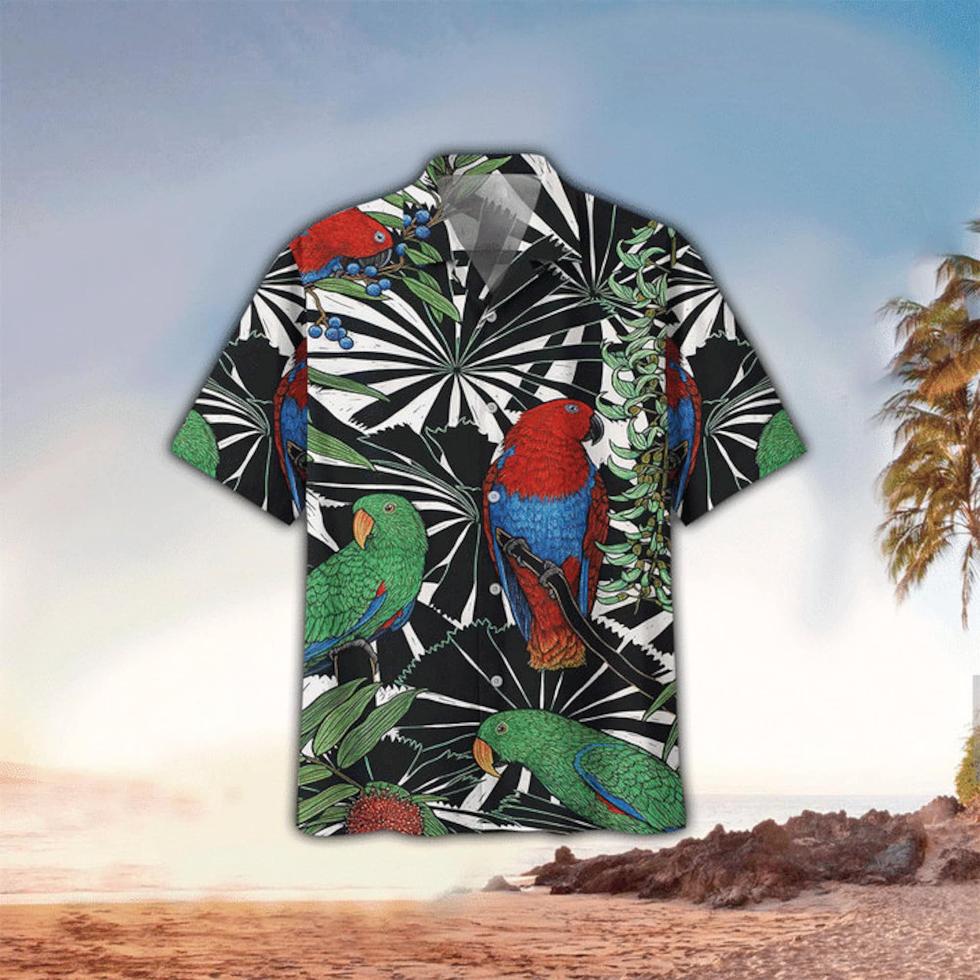 Black & White Tropical Parrot Hawaiian Shirt
