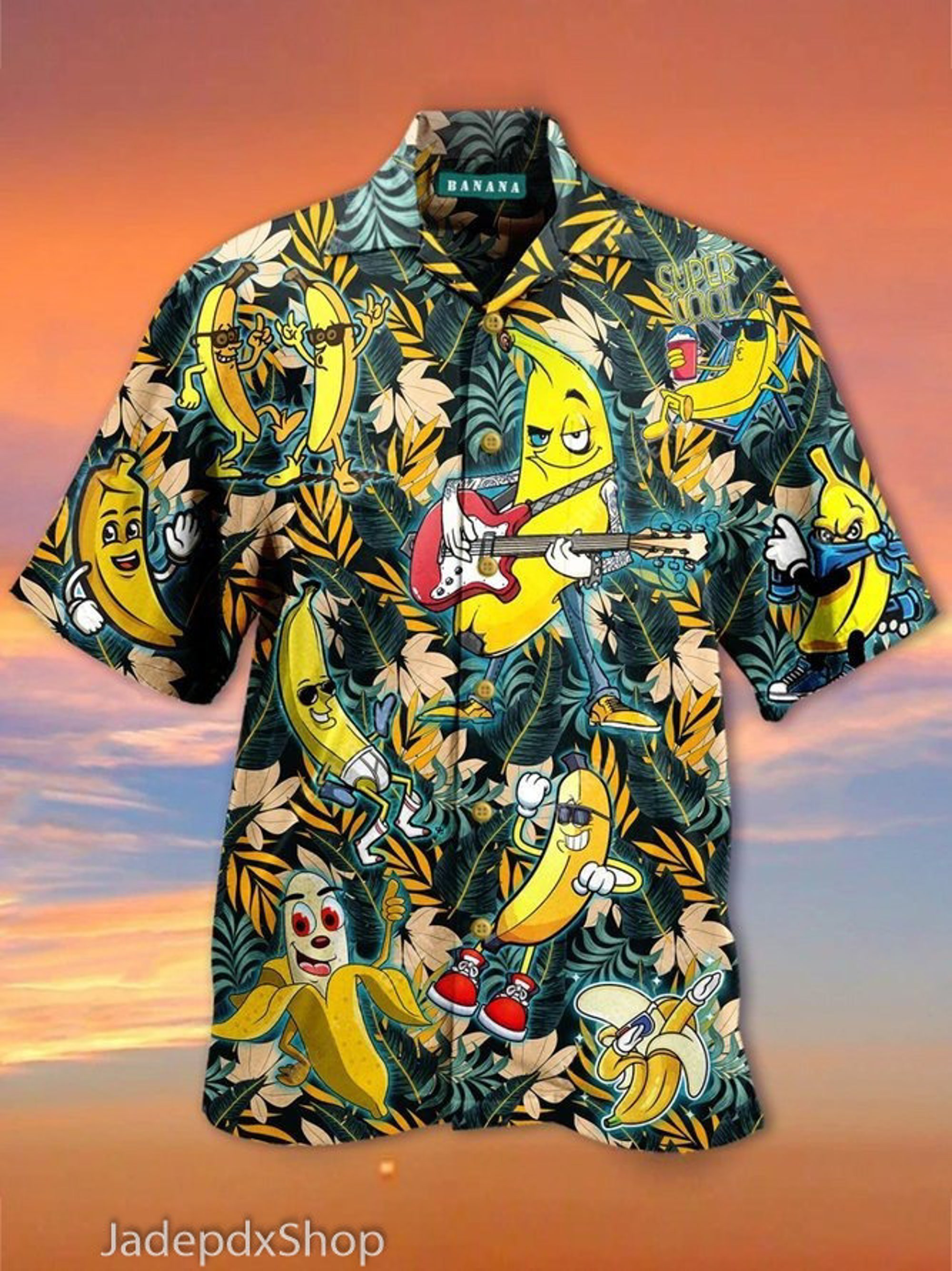 Funny Banana Vintage Shirt Collar Hawaiian Shirt, Hawaiian Short All Over Printed For Men Women- Bananas Guitar Aloha Shirt