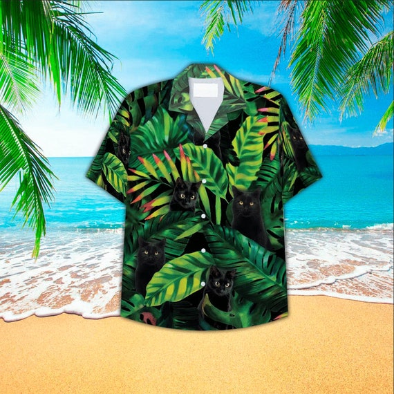 Tropical Leaves Black Cat Hawaiian Shirt for Cat Lovers Etsy
