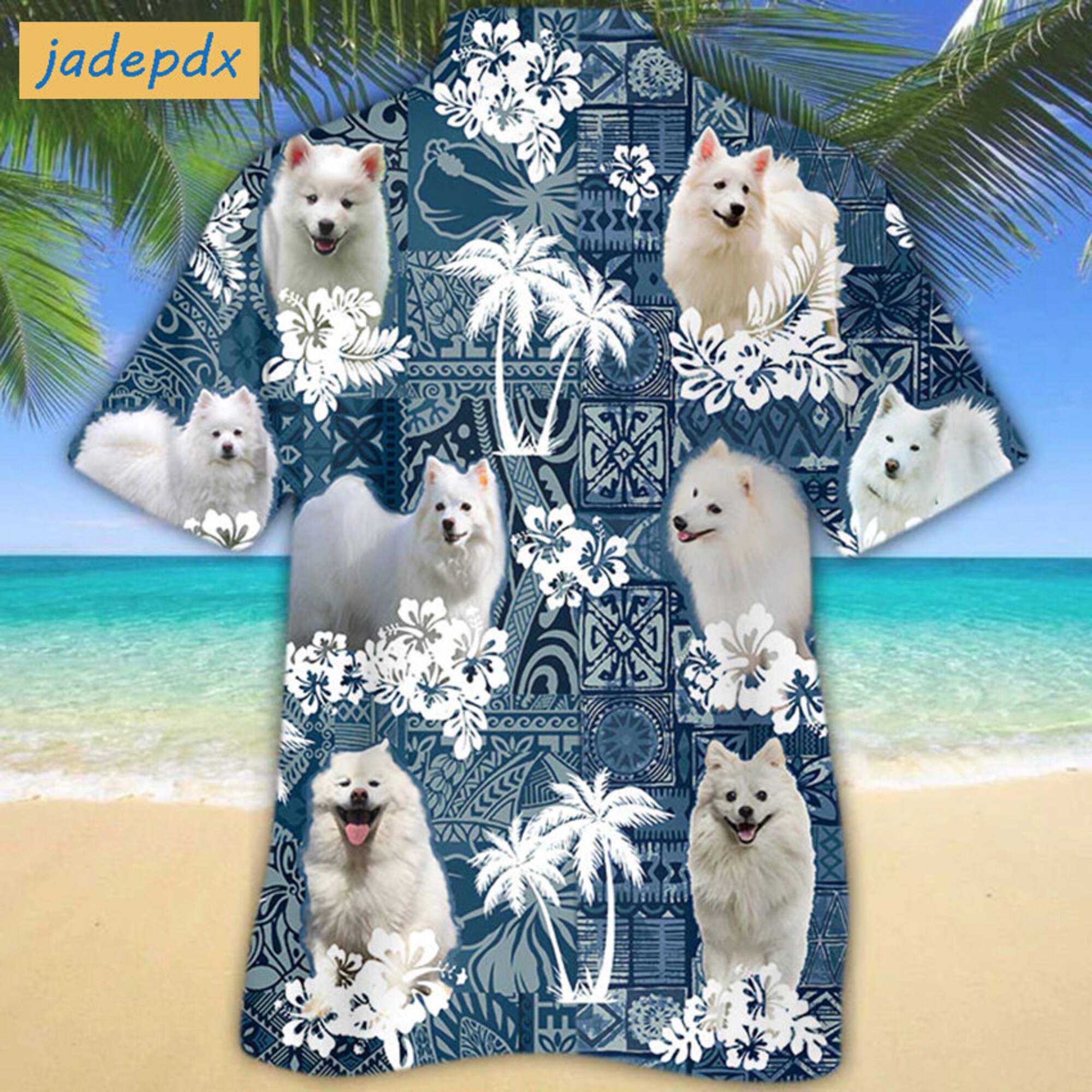 Discover Tropical Hibiscus And Palm American Eskimo Hawaiian Shirt For Dog Lovers - Aloha Shirt, Short Sleeve Series - Vintage Hawaii Beach Shirt