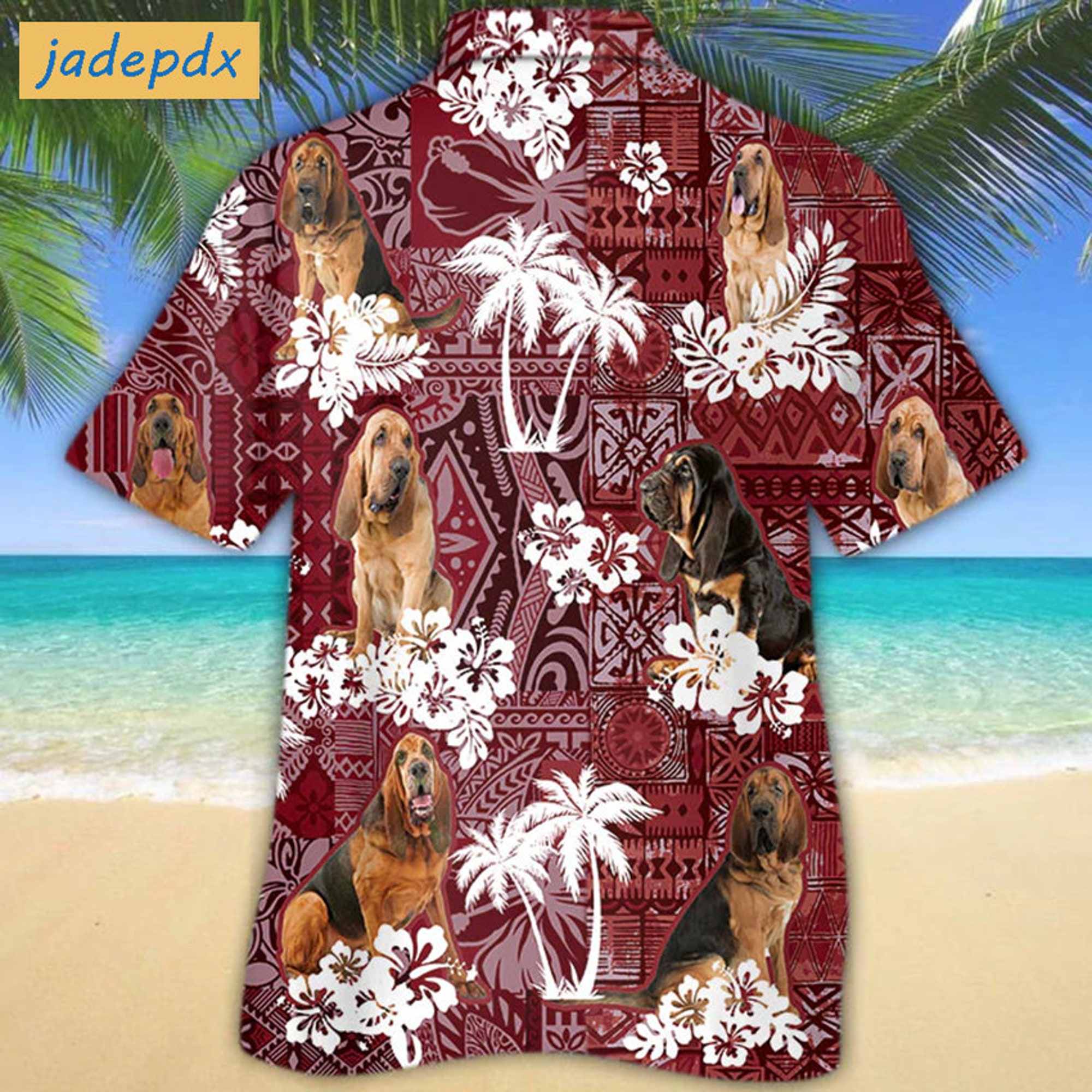 Discover Tropical Hibiscus And Palm Bloodhound Red Hawaiian Shirt For Dog Lovers - Aloha Shirt, Short Sleeve Series - Vintage Hawaii Beach Shirt