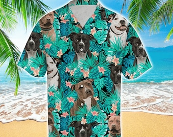Poodle Dog Tropical Green Cotton Casual Button Down Short Sleeves Hawaiian Shirt Unisex Full Print For Tropical Summer Vacation Full Size