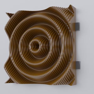 Puede incluir: Una pieza de arte de pared de madera marrón con un patrón circular concéntrico. La pieza está montada en una pared blanca con dos soportes metálicos.