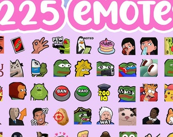 Puede incluir: Una colección de 225 emotes digitales con memes y personajes populares de Internet. Los emotes se muestran en una cuadrícula sobre un fondo rosa con el texto "225 Emotes" en la parte superior. Los emotes incluyen imágenes de Pepe the Frog, Drakeposting y otros memes populares.