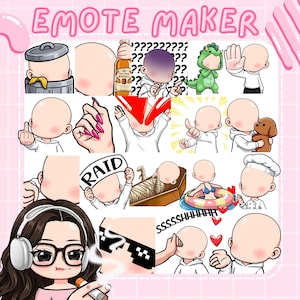 Puede incluir: Una hoja de creación de emotes digitales con varias poses de personajes de dibujos animados, incluyendo un personaje en un cubo de basura, sosteniendo una botella de whisky, con disfraz de dinosaurio, en un ataúd y con gorro de chef.