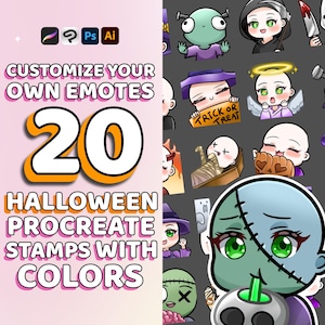 May include: A digital art graphic featuring 20 Halloween-themed Procreate stamps with colors. The image includes icons for Photoshop, Procreate, and Illustrator. Text reads "Customize Your Own Emotes" and "Halloween Procreate Stamps with Colors."