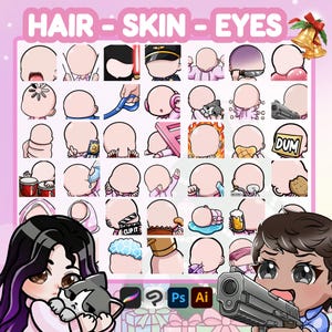 Más de 400 plantillas de emoticonos con cabello, base de emoticonos de Twitch, emoticonos de niña/mujer, sellos y pinceles para Procreate.