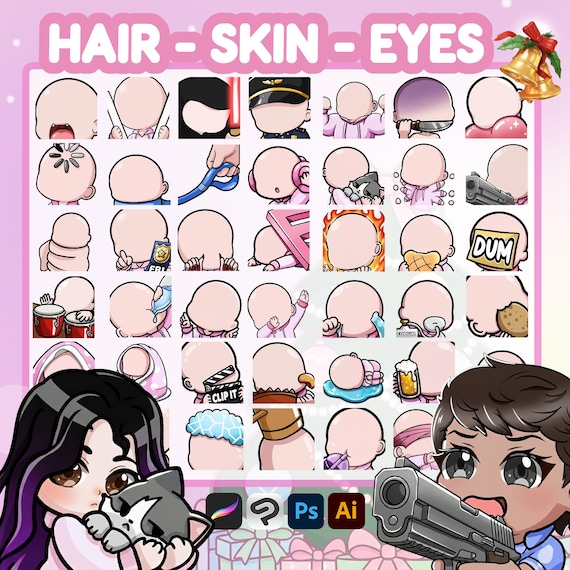 400+ Emote Template with HAIR, Twitch Emote Base, Girl/Female Emotes, Procreate Stamps & Brush