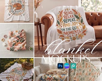 60 Blanket Mockup Bundle: PSD Smart Object, Editable Canva Drag and Drop Throw Blanket Template (Digital Download)