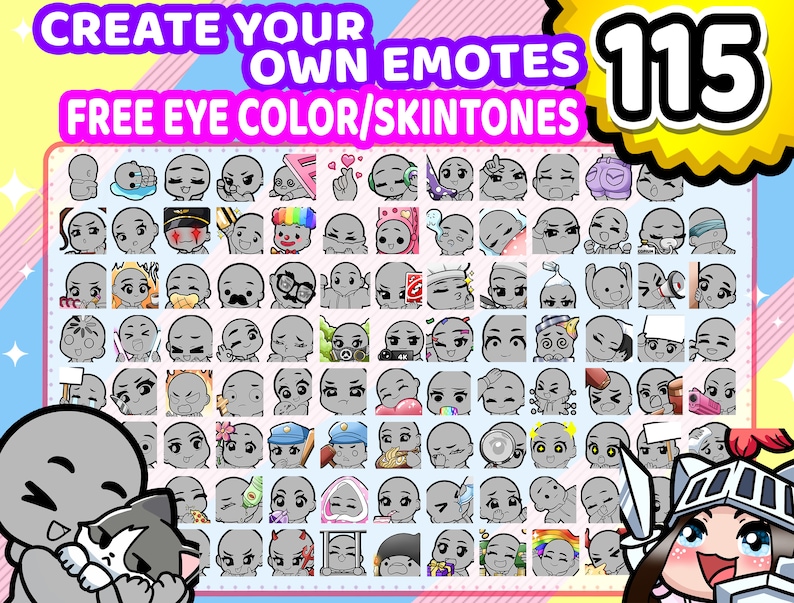 DIY Emote Base Bundle 115 Emotes Template Human Chibi Procreate Brush, Stamp Bases for Twitch, Discord, Youtube image 1