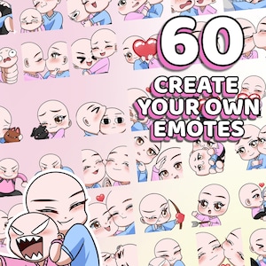 May include: A collection of 60 cartoon emotes with various expressions, including happy, sad, and loving. The text "CREATE YOUR OWN EMOTES" is displayed in a pink and white font. The emotes are in a pink and yellow gradient background.