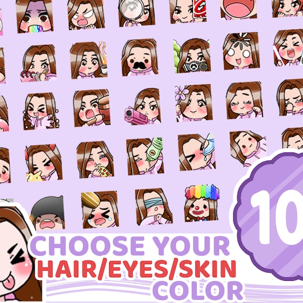 Girl Emotes Pack | CUSTOM 100 Twitch & Discord Chibi Girl Emotes Bundle | Brown Hair, Brown Eyes, Pale/Light Skin |