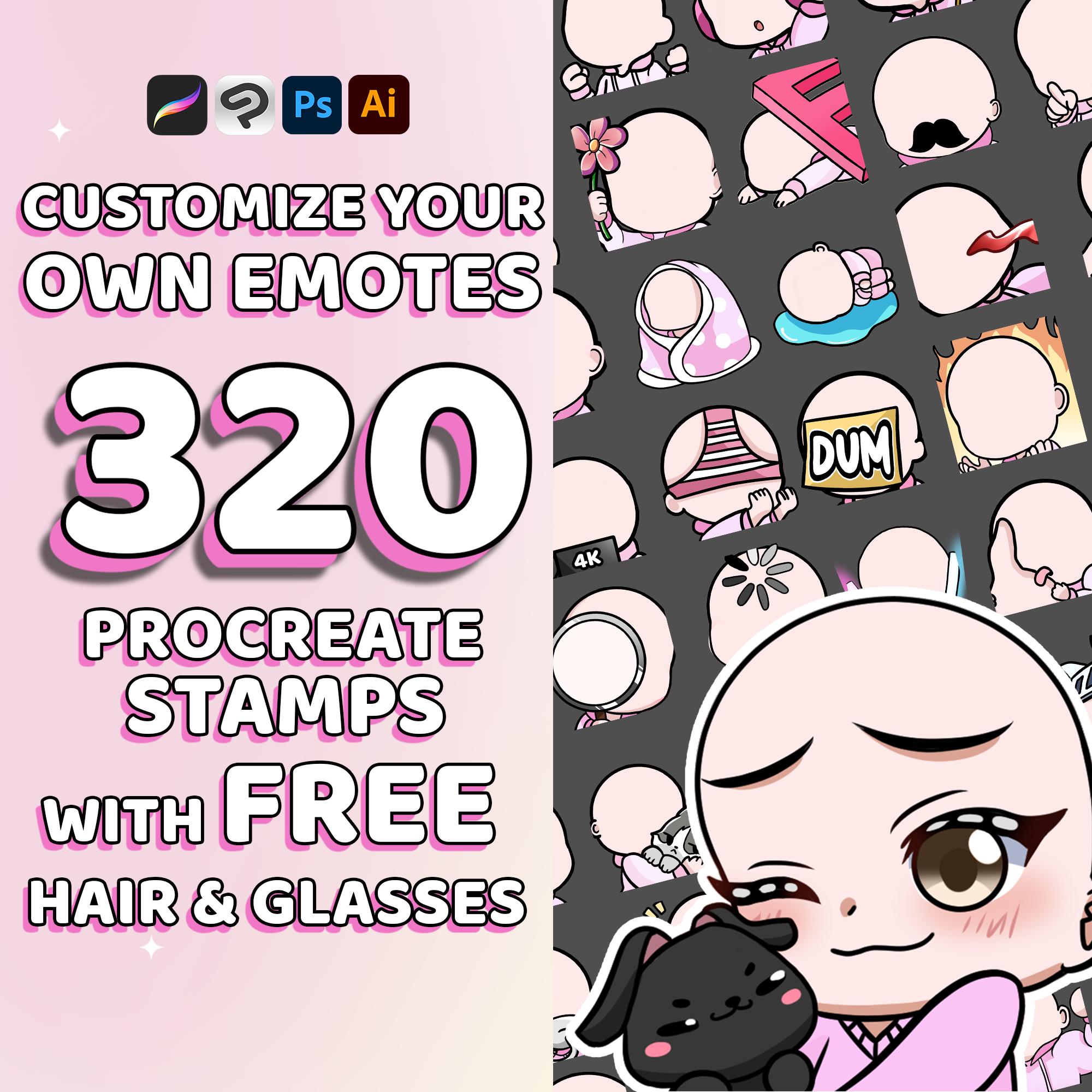 320 Twitch Emote Template with Hair – Female/Girl Emote Base, Procreate Stamps & Photoshop Brushes