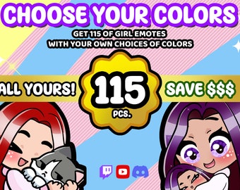 115 pcs. CUSTOM COLOR Chibi Girl Emotes for Twitch, Discord, YouTube | Custom Emojis, Stickers