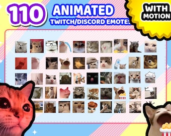 May include: A digital collection of 110 animated cat emotes for Twitch and Discord, featuring various feline expressions, reactions, and movements in a grid layout, with large cat graphics in the corners and the text 110 ANIMATED TWITCH/DISCORD EMOTES.