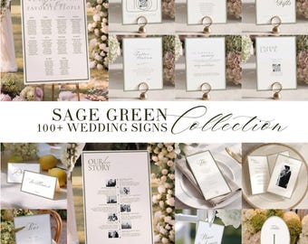 Sage Green Wedding Sign Bundle, 100+ Minimalist Sage Green Wedding Signage, Elegant Editable Wedding/Shower Card Templates