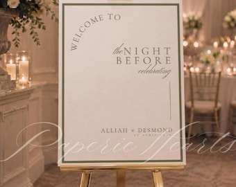 Elegant Rehearsal Dinner Welcome Sign Template, Minimalist Sage Green Night Before Celebrating Sign, Canva Printable Welcome Signage