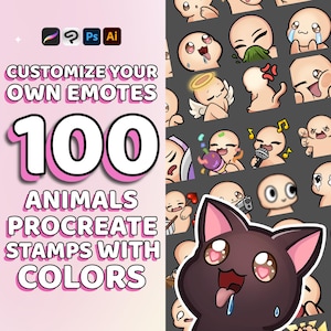 Puede incluir: Diseño de arte digital con 100 sellos Procreate con temática de animales y colores. La imagen incluye el texto "Customize Your Own Emotes" y el número "100". También se muestra un gato de dibujos animados con orejas rosas y ojos grandes.