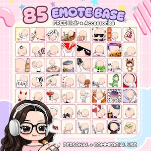 May include: A digital collection of 85 emote bases featuring various poses and expressions for characters. The grid includes illustrations of figures with accessories like sunglasses, hats, and costumes, plus text elements like RAID, CAP, and 10.