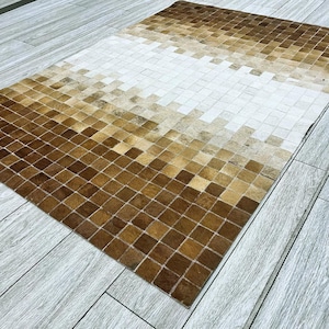 Handmade Brown & White Cowhide Patchwork Rug