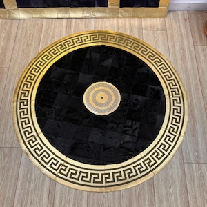 Round Natural Black Cowhide Patchwork Fur Rug, Natural Fur Cowhide Area Rugs, Patchwork Area Rugs, New Home Gifts