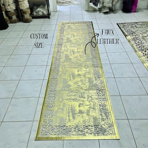 Laser Cut Leather Runner Rug: Beige & Gold, Non-Slip, Modern Decor