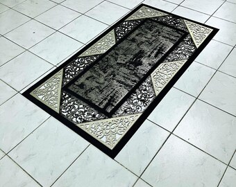Black-Gold Laser Cut Faux Leather Rug: Non-Slip Perforated Design