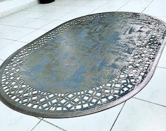 Gray-Silver Laser Cut Faux Leather Rug: Modern Home Decor