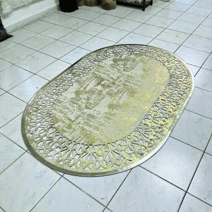 Cream-Gold Laser Cut Faux Leather Rug: Non-Slip, Pet-Friendly