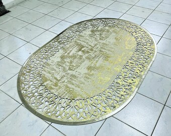 Cream-Gold Laser Cut Faux Leather Rug: Non-Slip, Pet-Friendly